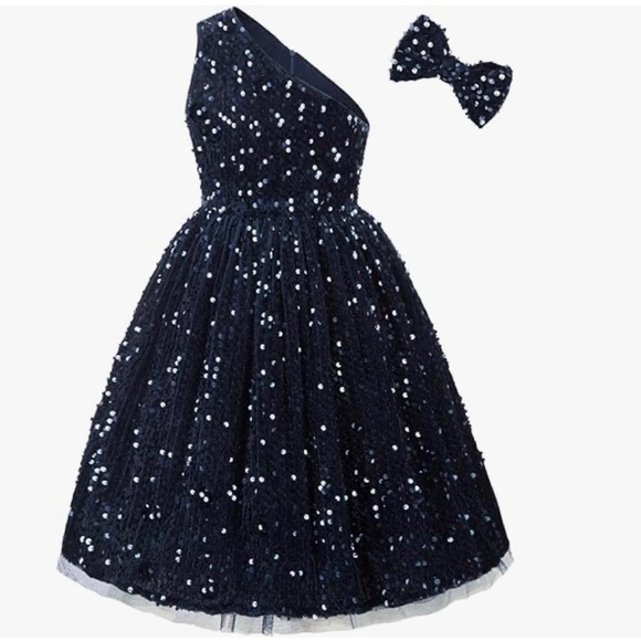 Girls Sequin Dress One Shoulder Sparkle Party Dress with Hair Bow - Picture 3 of 6